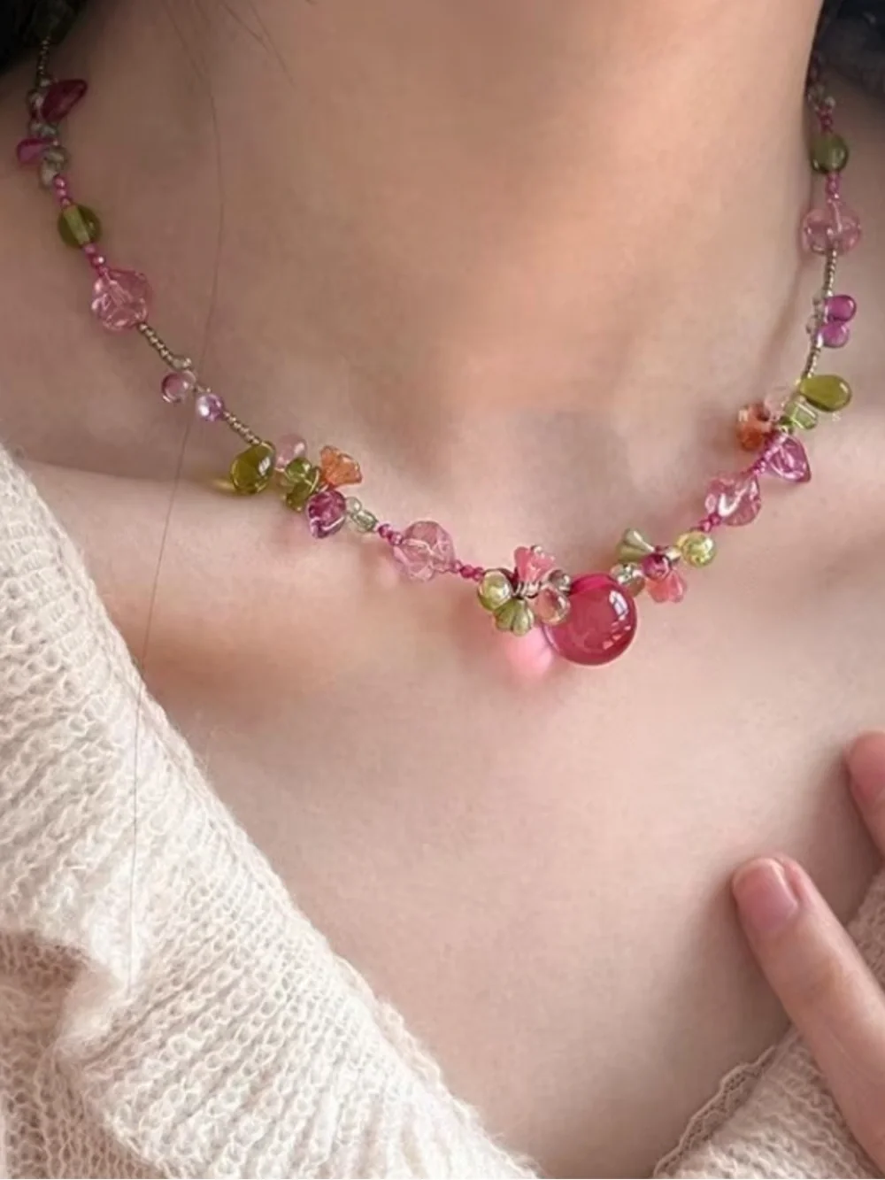 NEW! Handmade Multicolor Glass Bead Necklace with Red Cherry Accent. 🍒